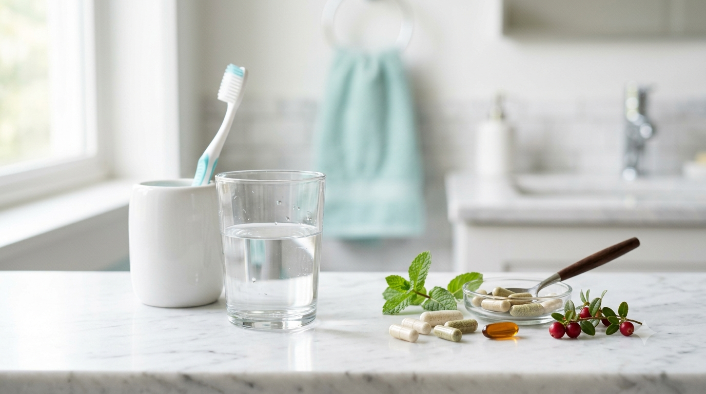 Toothbrush, water glass, natural supplement capsules with mint and cranberry on bathroom counter